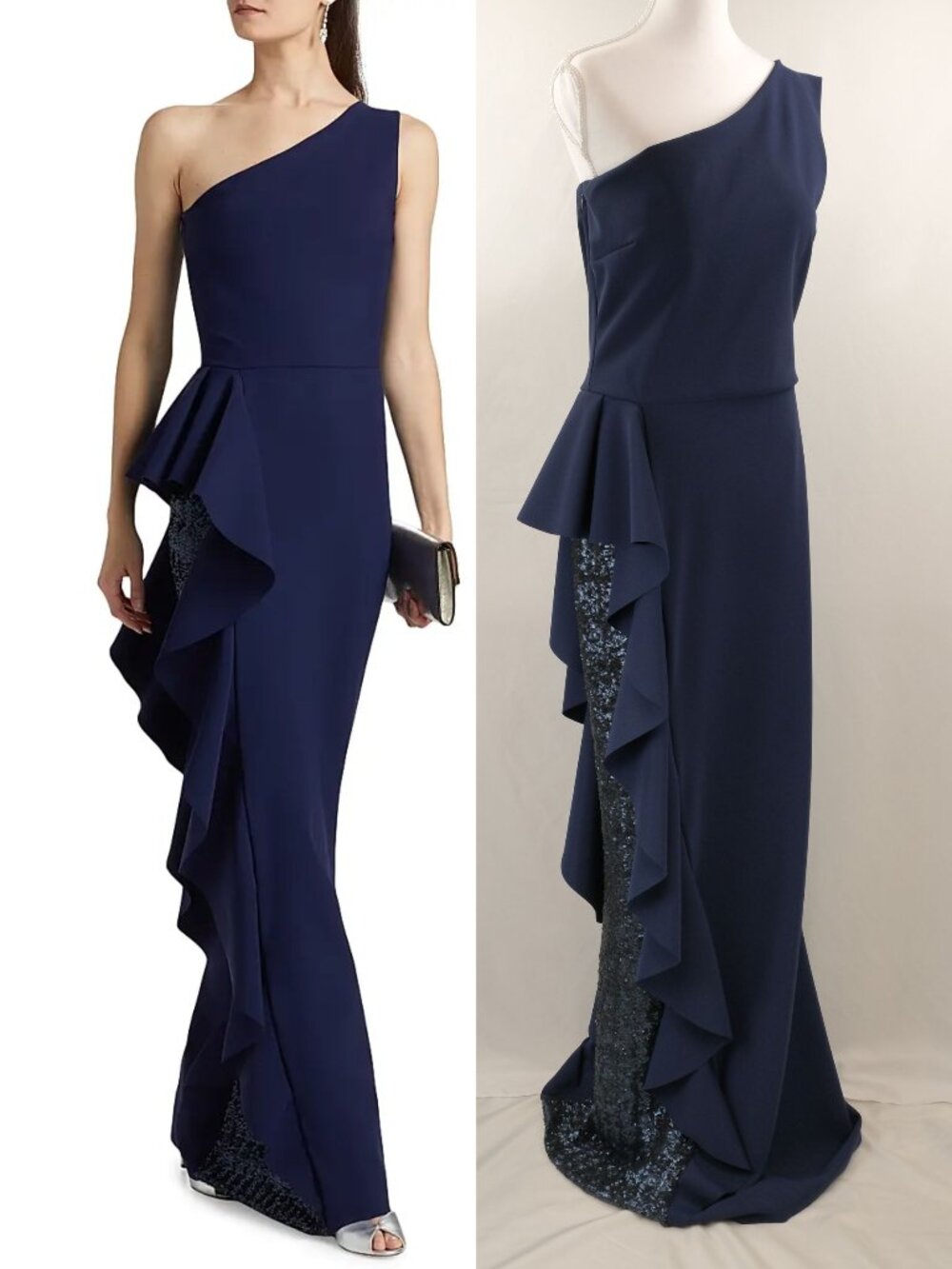 Chiara Boni Yulya Paillettes Ruffle Sequined One-Shoulder Gown, Navy Blue US 12